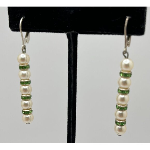 Faux Pearl Dangle Earrings Silver Tone Green Beaded Drop Line - Picture 4 of 6